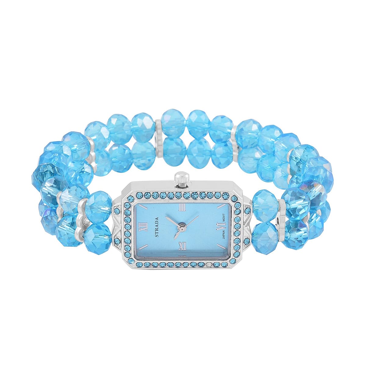 Strada Japanese Movement Blue Austrian Crystal & Blue Color Glass Beaded Stretch Bracelet Watch (20.32-28.19mm) (6.50-7.00 Inches) image number 4