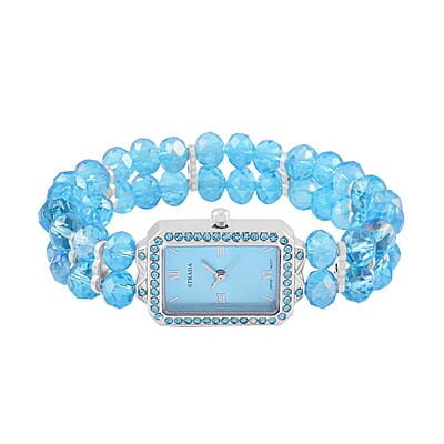 Strada Japanese Movement Blue Austrian Crystal & Blue Color Glass Beaded Stretch Bracelet Watch (20.32-28.19mm) (6.50-7.00 Inches)