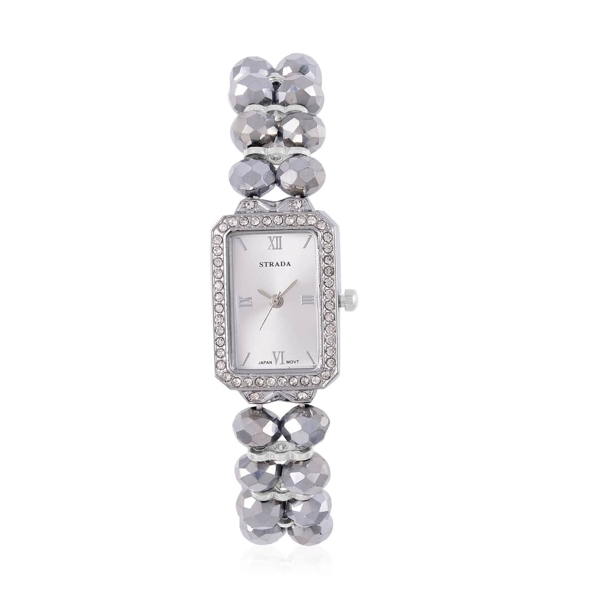 Strada Japanese Movement Silver Color Austrian Crystal & Silver Color Glass Beaded Stretch Bracelet Watch (20.32-28.19mm) (6.50-7.00 Inches) image number 0