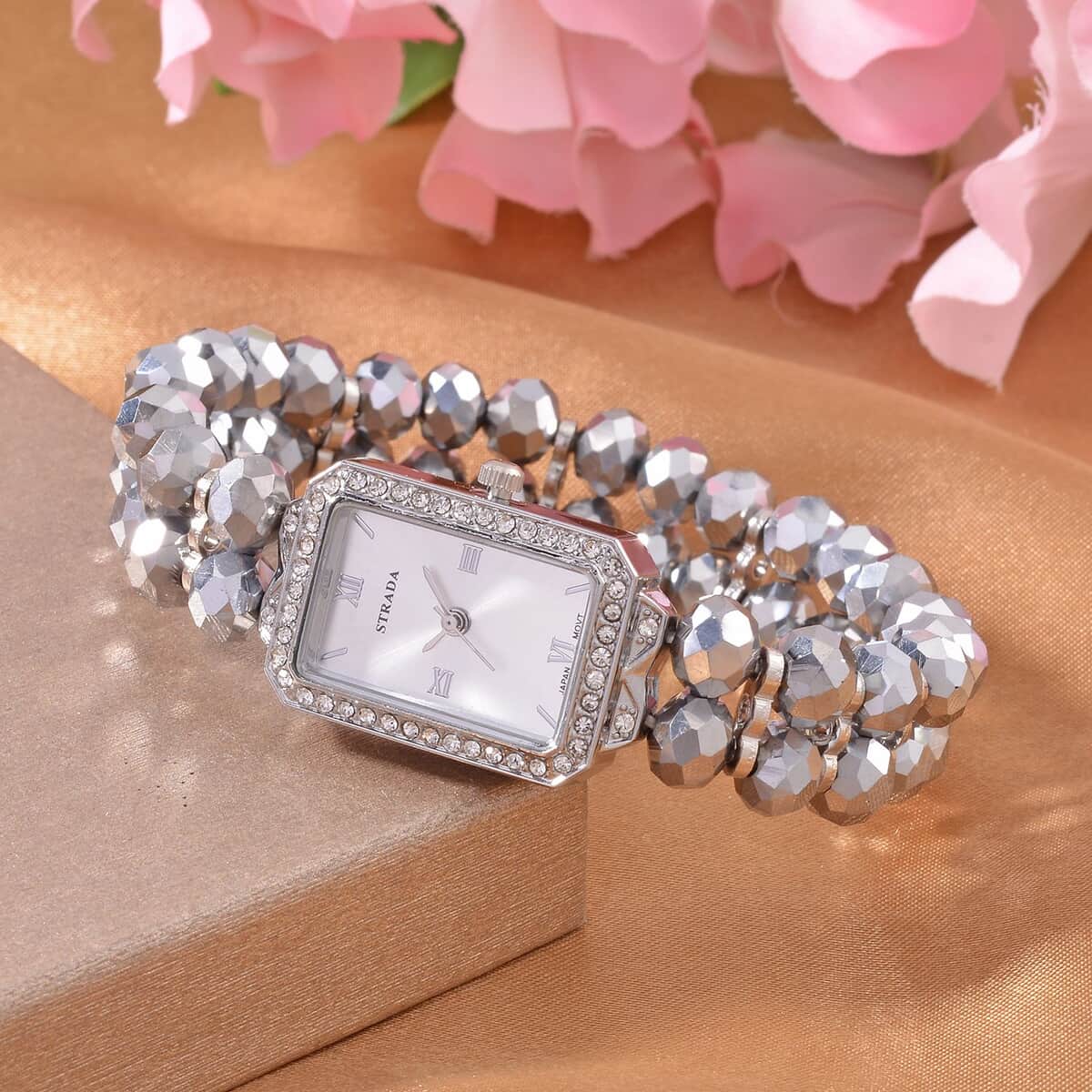 Strada Japanese Movement Silver Color Austrian Crystal & Silver Color Glass Beaded Stretch Bracelet Watch (20.32-28.19mm) (6.50-7.00 Inches) image number 1