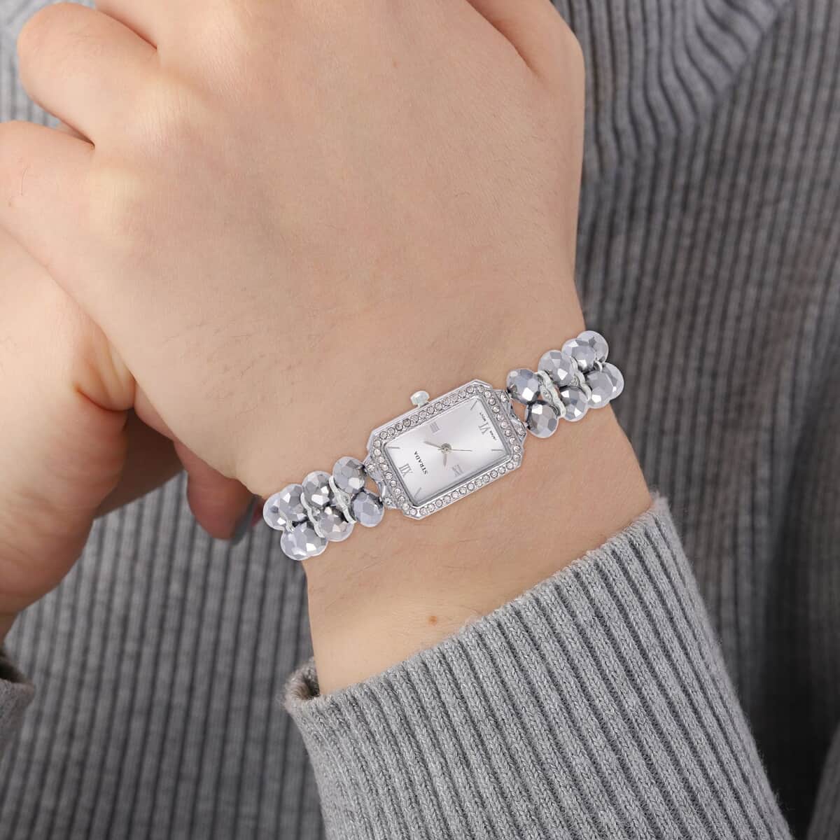 Strada Japanese Movement Silver Color Austrian Crystal & Silver Color Glass Beaded Stretch Bracelet Watch (20.32-28.19mm) (6.50-7.00 Inches) image number 2