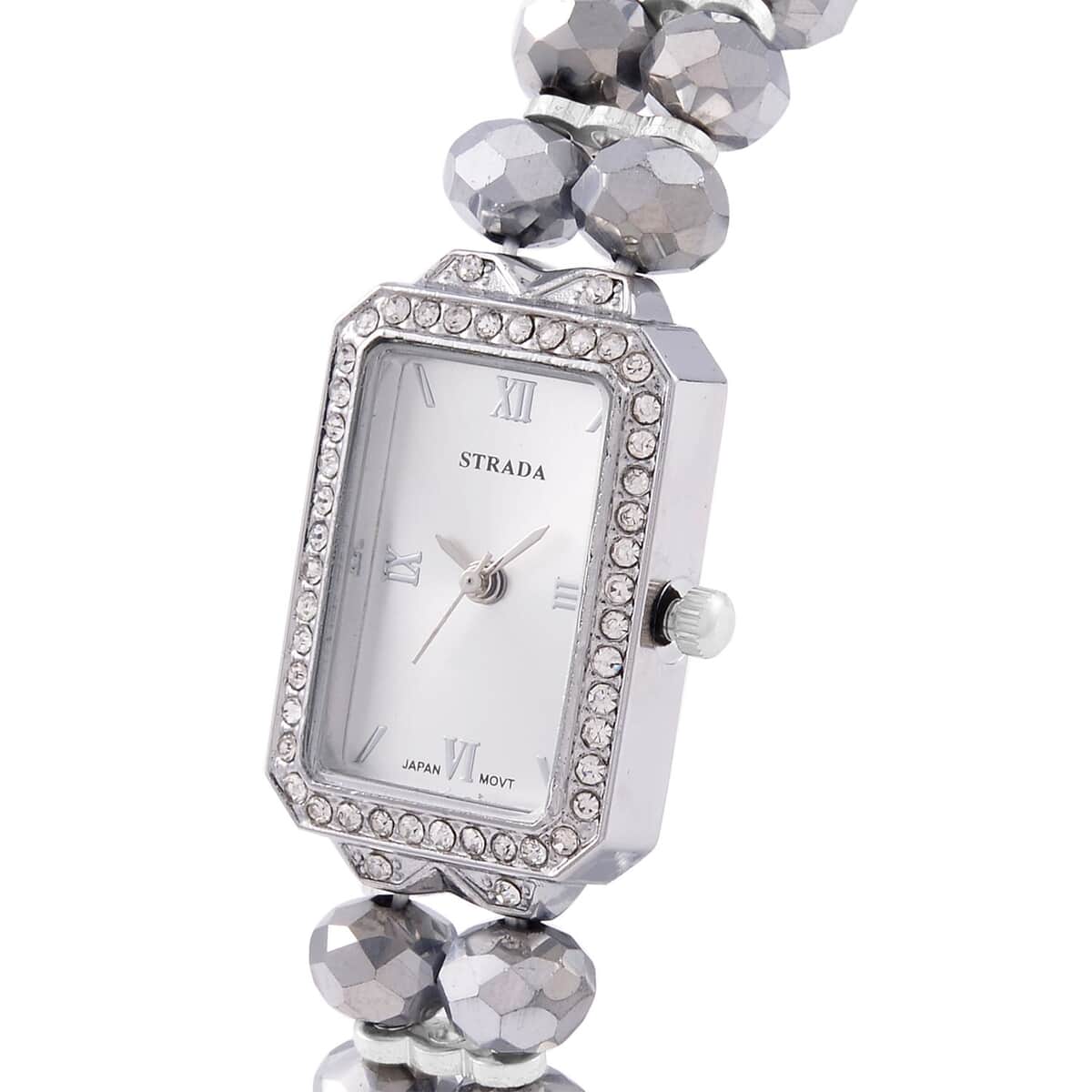 Strada Japanese Movement Silver Color Austrian Crystal & Silver Color Glass Beaded Stretch Bracelet Watch (20.32-28.19mm) (6.50-7.00 Inches) image number 3