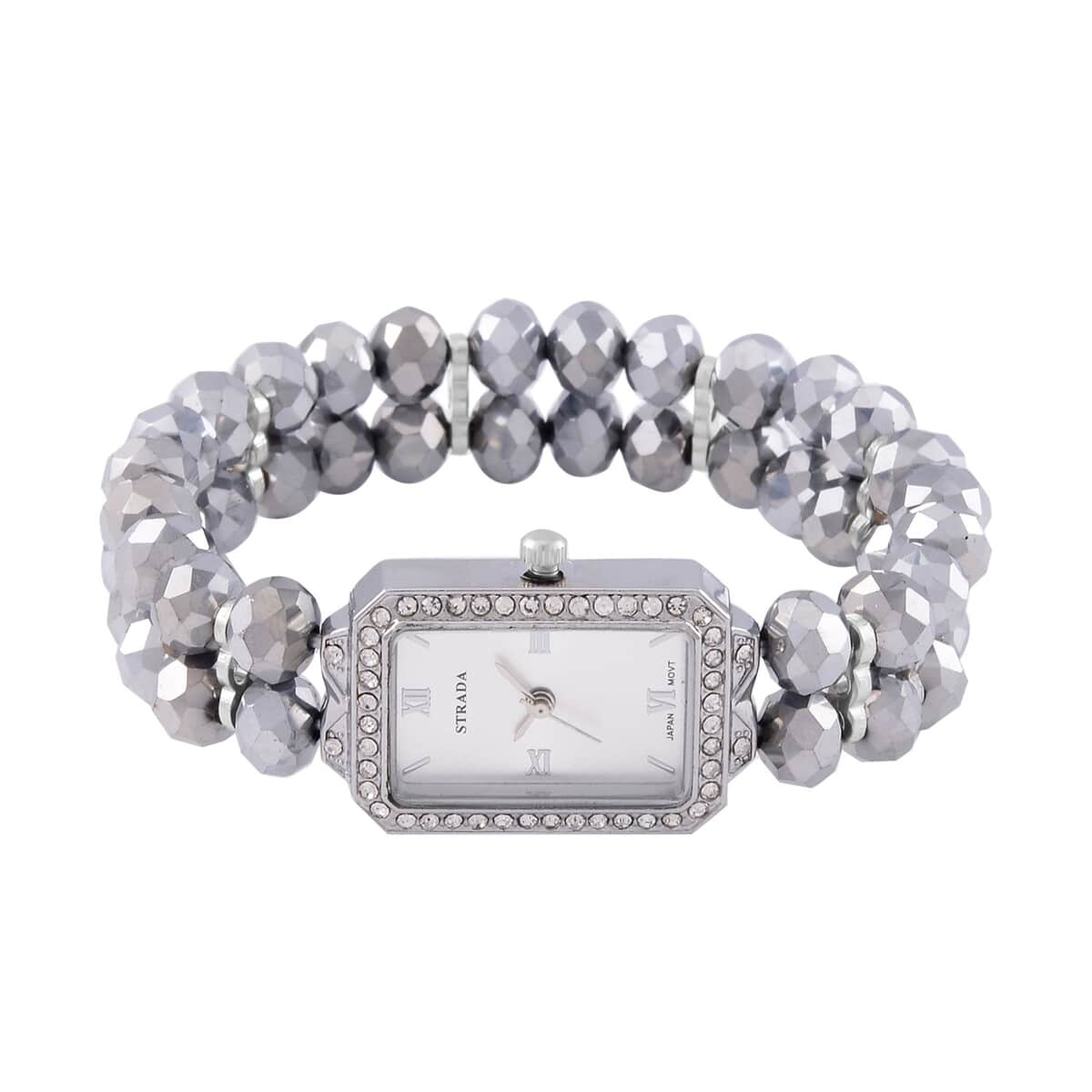 Strada Japanese Movement Silver Color Austrian Crystal & Silver Color Glass Beaded Stretch Bracelet Watch (20.32-28.19mm) (6.50-7.00 Inches) image number 4