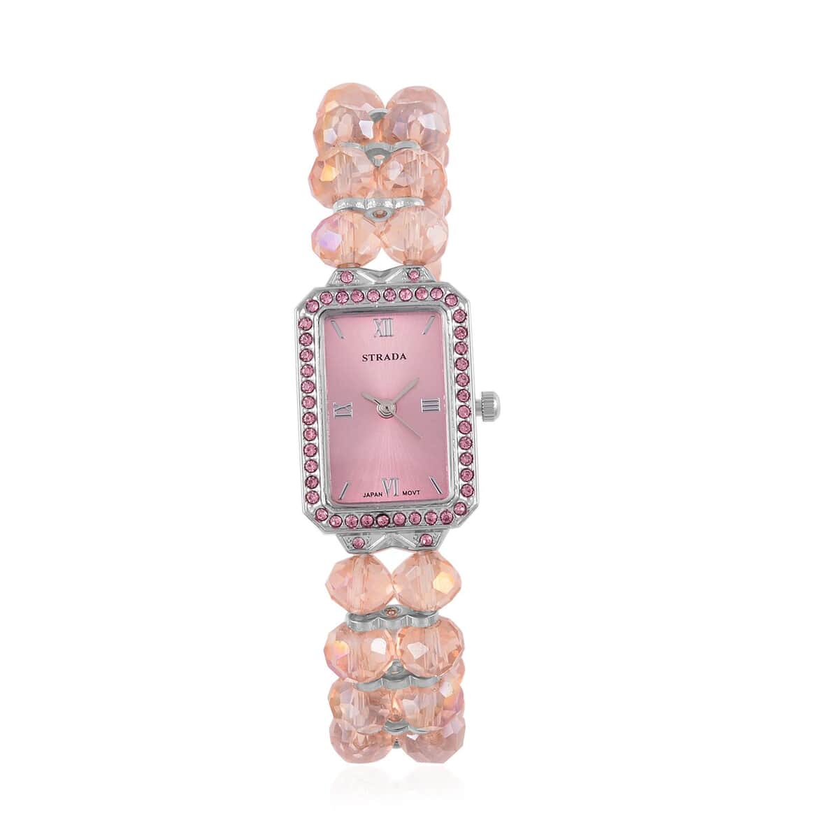 Strada Japanese Movement Pink Color Austrian Crystal & Pink Color Glass Beaded Stretch Bracelet Watch (20.32-28.19mm) (6.50-7.00 Inches) image number 0