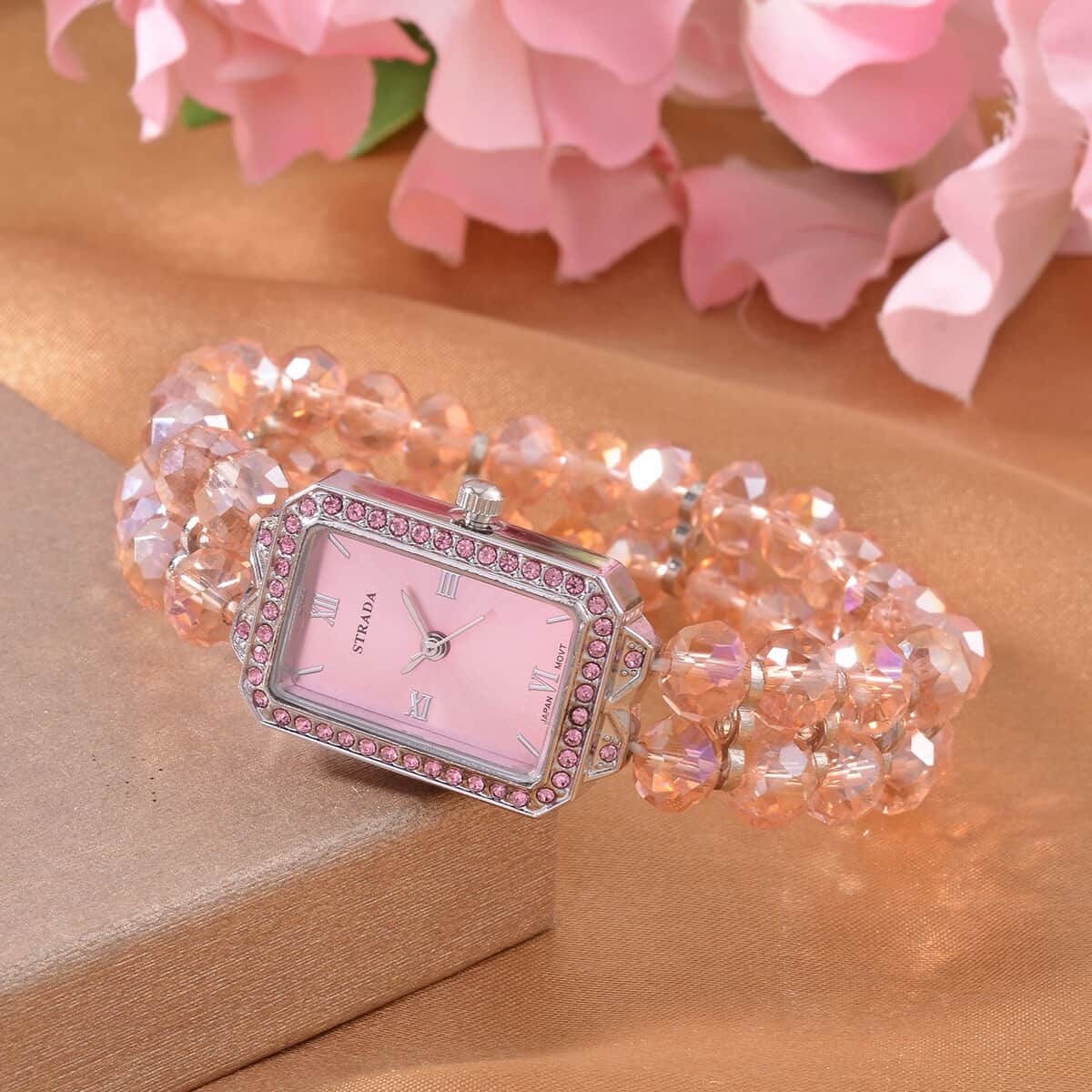 Strada Japanese Movement Pink Color Austrian Crystal & Pink Color Glass Beaded Stretch Bracelet Watch (20.32-28.19mm) (6.50-7.00 Inches) image number 1