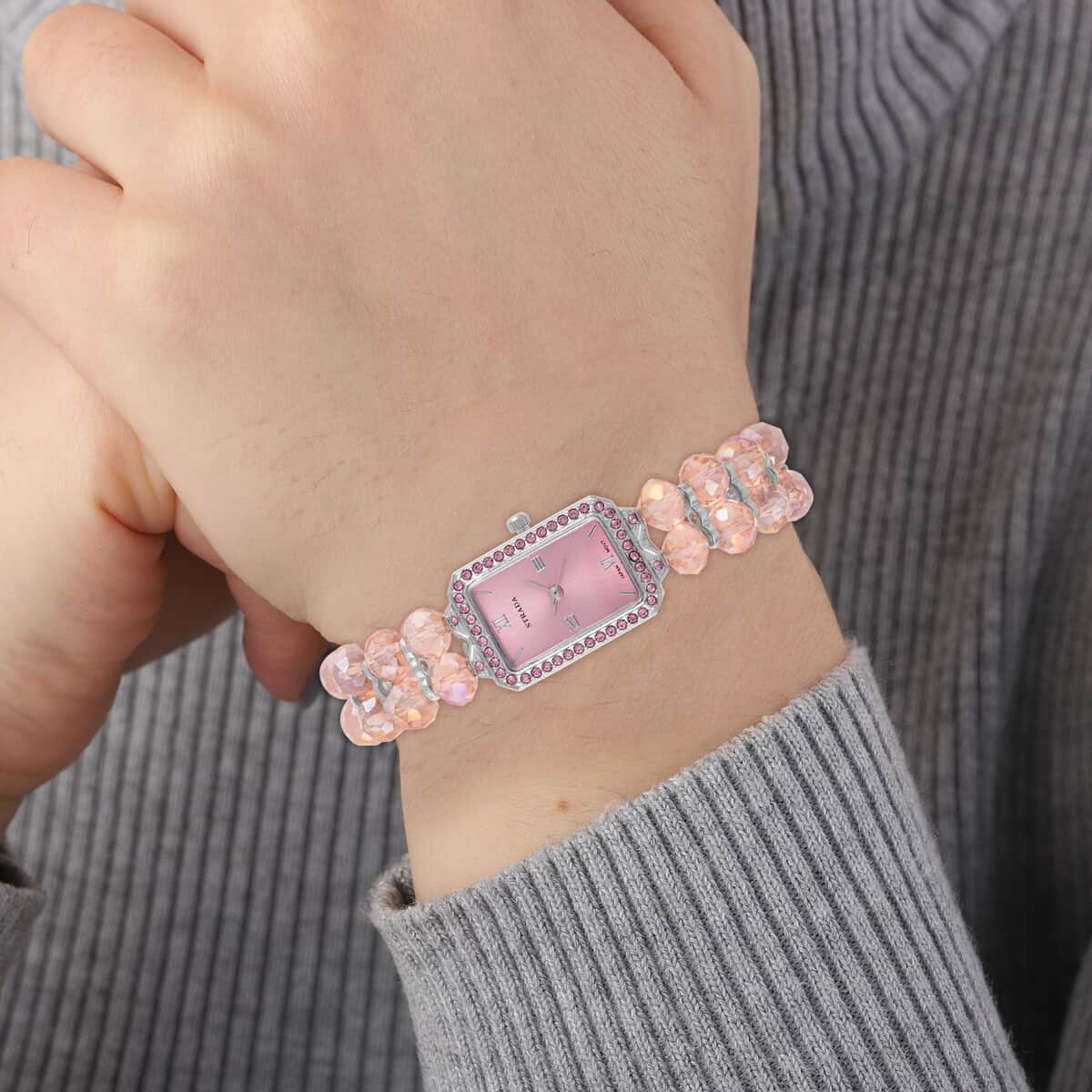 Strada Japanese Movement Pink Color Austrian Crystal & Pink Color Glass Beaded Stretch Bracelet Watch (20.32-28.19mm) (6.50-7.00 Inches) image number 2