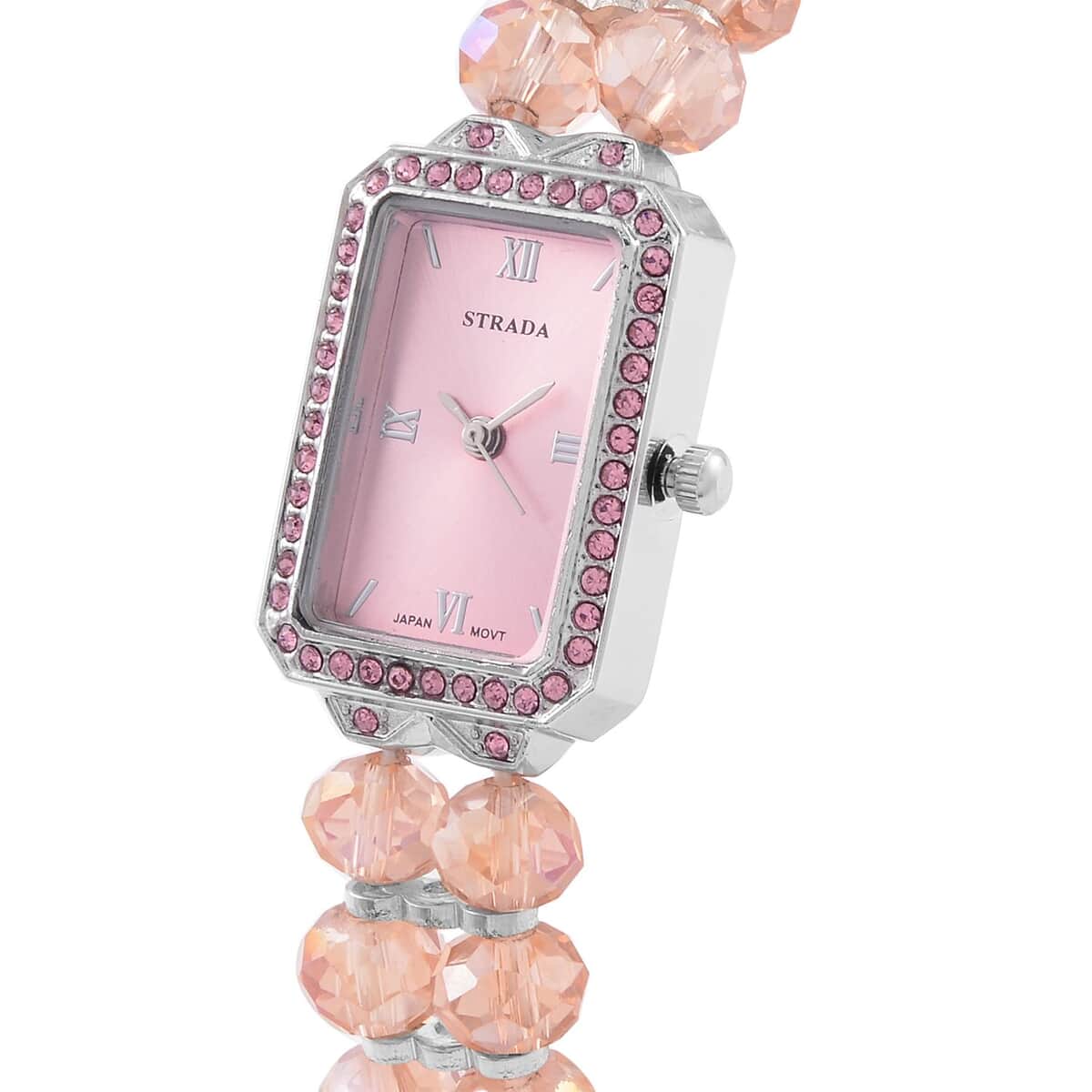 Strada Japanese Movement Pink Color Austrian Crystal & Pink Color Glass Beaded Stretch Bracelet Watch (20.32-28.19mm) (6.50-7.00 Inches) image number 3