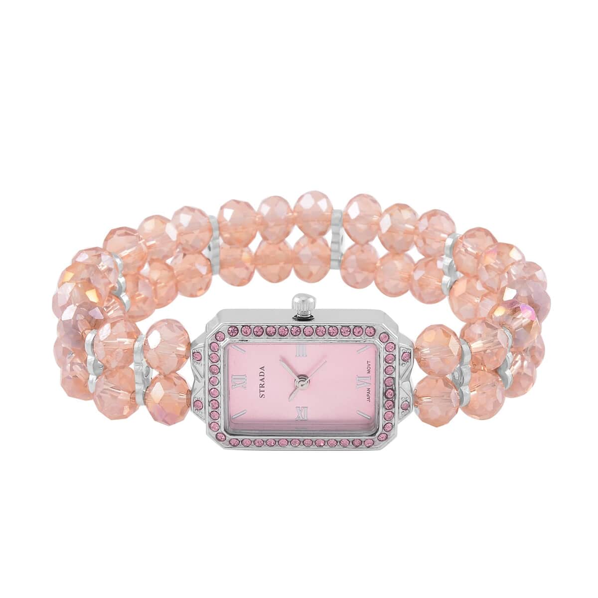 Strada Japanese Movement Pink Color Austrian Crystal & Pink Color Glass Beaded Stretch Bracelet Watch (20.32-28.19mm) (6.50-7.00 Inches) image number 4