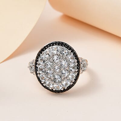 Brazilian Goshenite and Thai Black Spinel Cluster Ring in Platinum Over Sterling Silver (Size 10.0) 2.50 ctw
