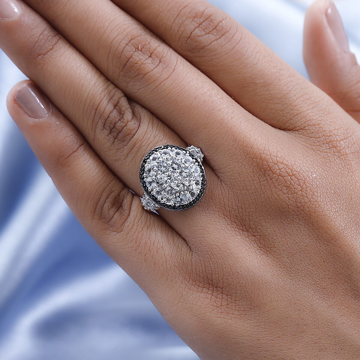 Brazilian Goshenite and Thai Black Spinel Cluster Ring in Platinum Over Sterling Silver (Size 6.0) 2.50 ctw image number 2