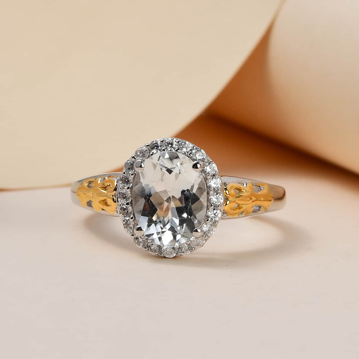 Brazilian Goshenite and White Zircon Halo Ring in Vermeil Yellow Gold and Platinum Over Sterling Silver (Size 7.0) 1.90 ctw image number 1