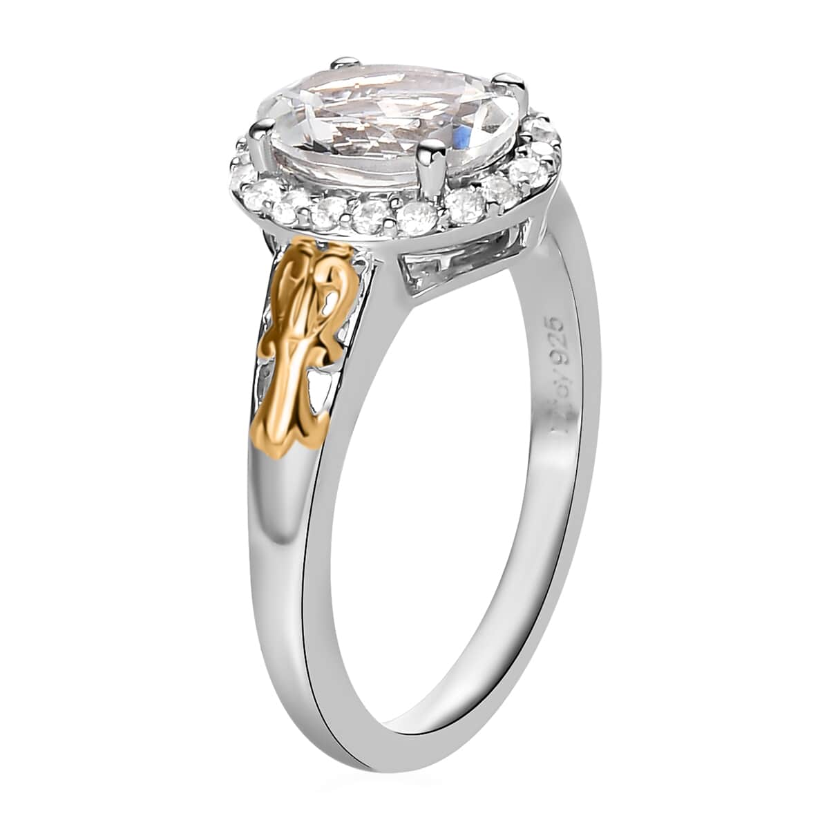 Brazilian Goshenite and White Zircon Halo Ring in Vermeil Yellow Gold and Platinum Over Sterling Silver (Size 7.0) 1.90 ctw image number 3