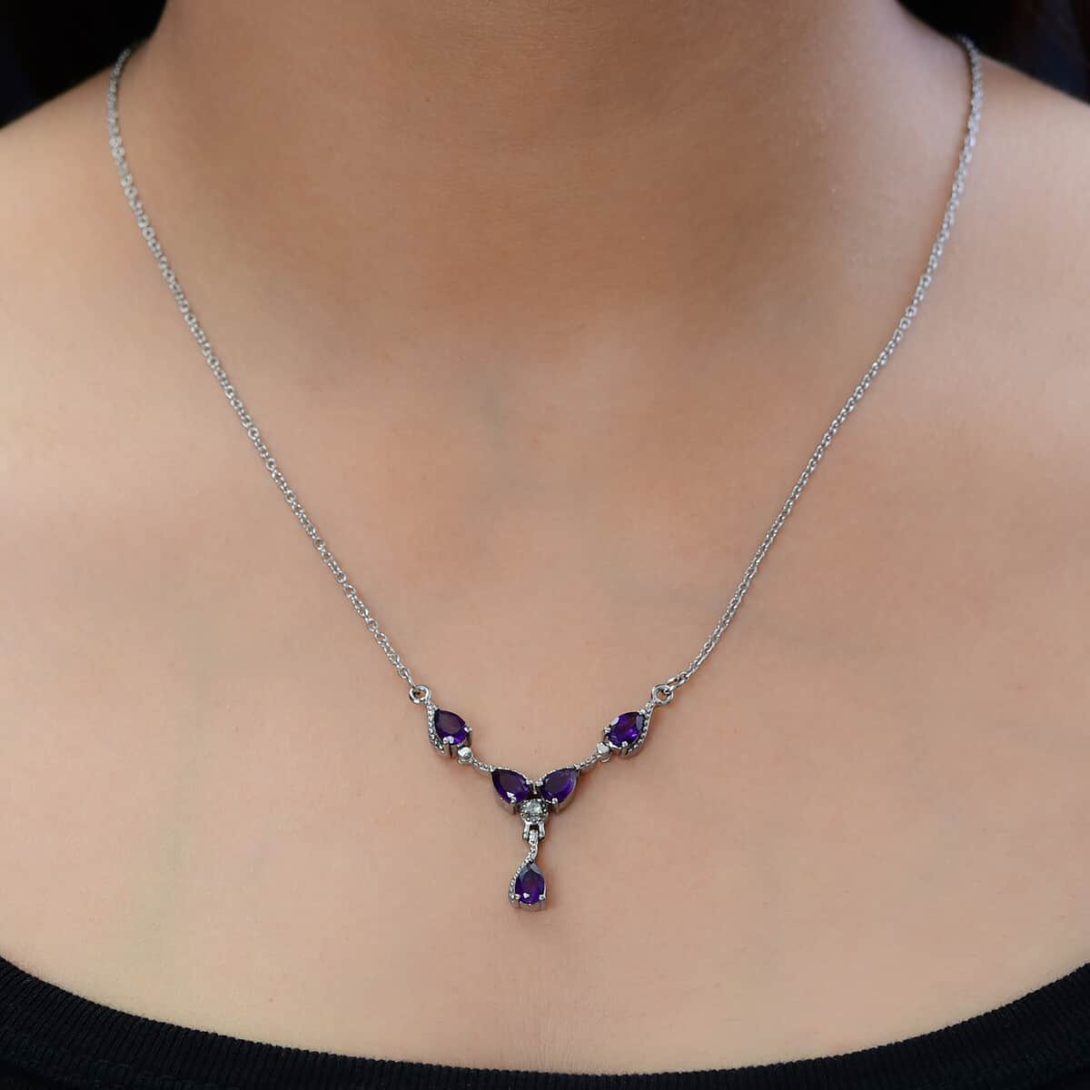 Amethyst and Natural White Zircon Necklace 20 Inches in Stainless Steel 1.85 ctw image number 2