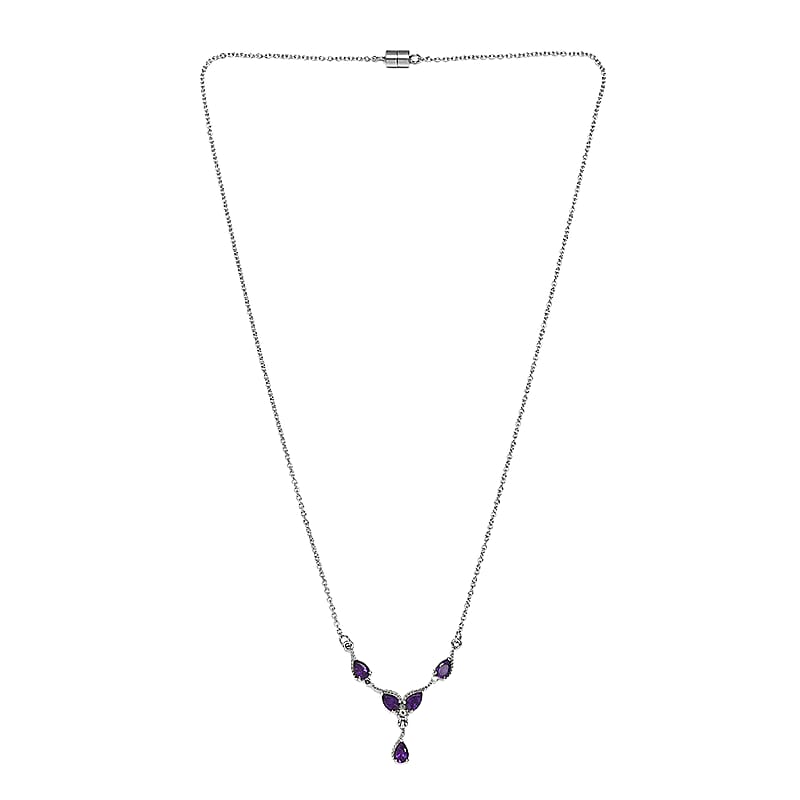 Amethyst, White Zircon Necklace (20 Inches) in Stainless Steel 1.85 ctw , Tarnish-Free, Waterproof, Sweat Proof Jewelry