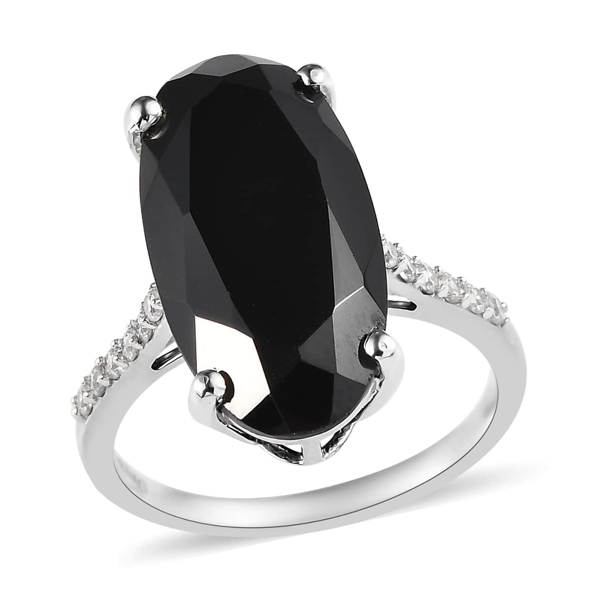 Natural Thai Black Spinel and Natural White Zircon Elongated Ring in Platinum Over Sterling Silver 12.00 ctw image number 0