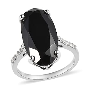 Thai Black Spinel and White Zircon Elongated Ring in Platinum Over Sterling Silver (Size 10.0) 12.00 ctw