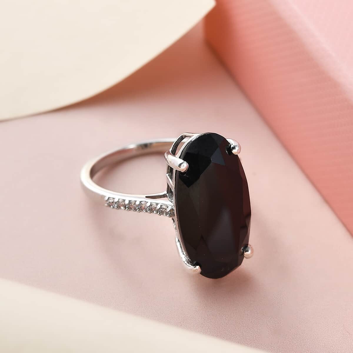 Natural Thai Black Spinel and Natural White Zircon Elongated Ring in Platinum Over Sterling Silver 12.00 ctw image number 1