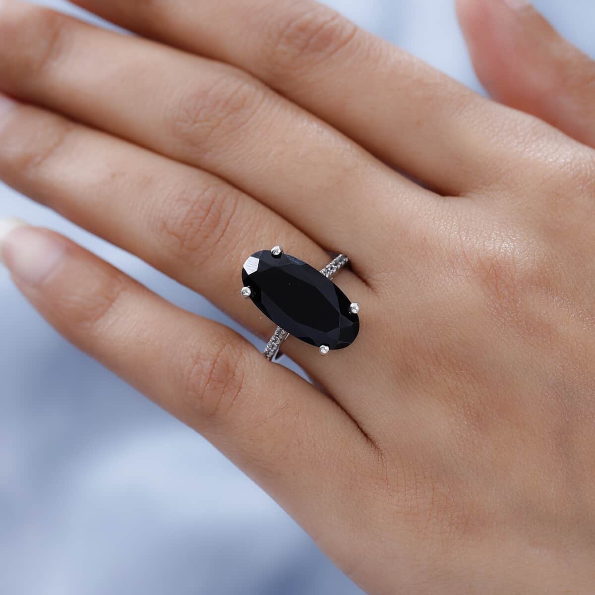 Natural Thai Black Spinel and Natural White Zircon Elongated Ring in Platinum Over Sterling Silver 12.00 ctw image number 2