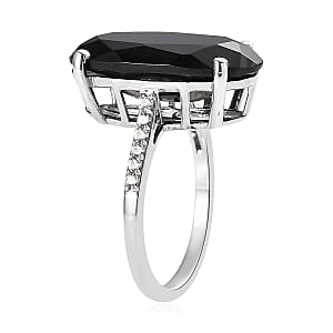 Thai Black Spinel and White Zircon Elongated Ring in Platinum Over Sterling Silver (Size 10.0) 12.00 ctw