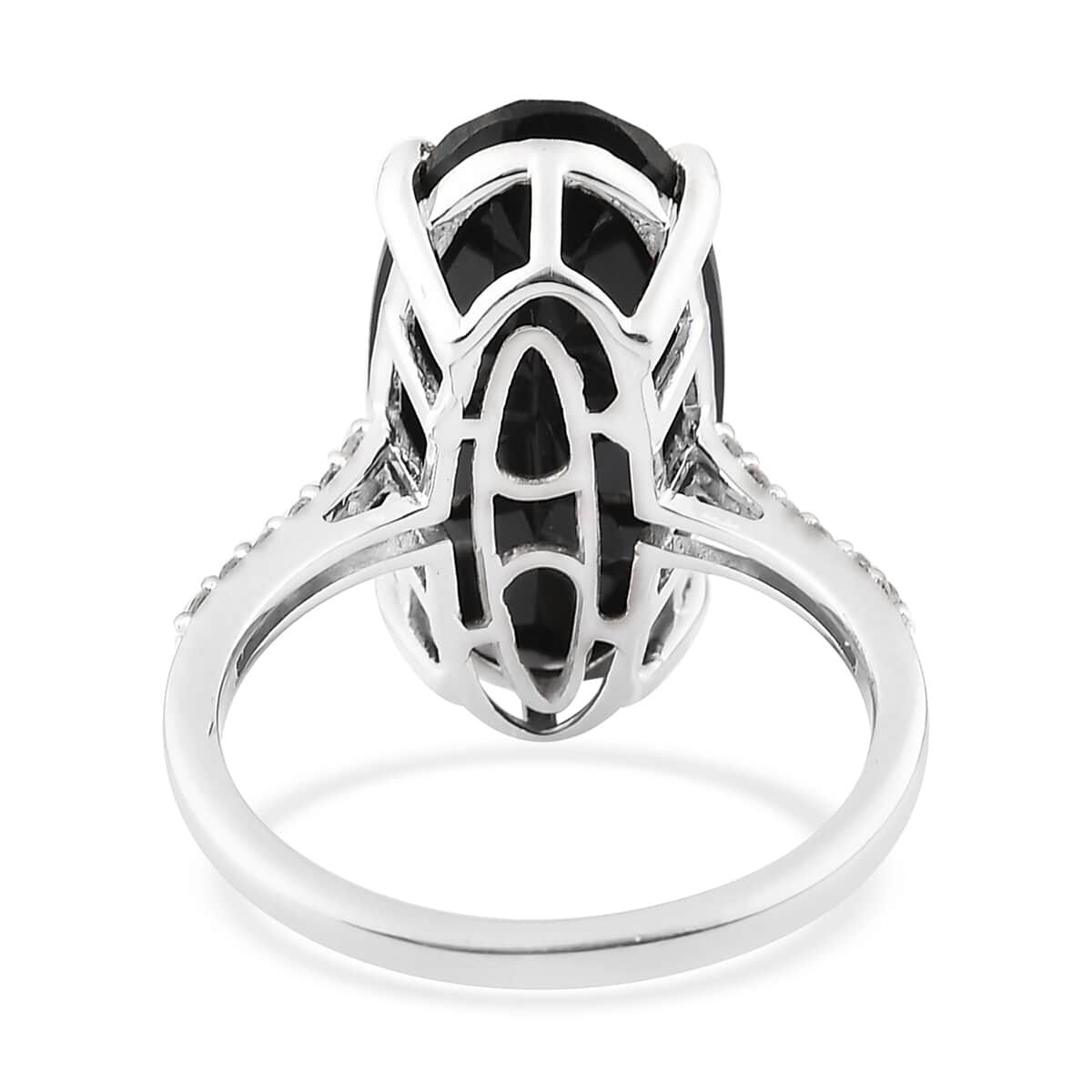 Natural Thai Black Spinel and Natural White Zircon Elongated Ring in Platinum Over Sterling Silver 12.00 ctw image number 4
