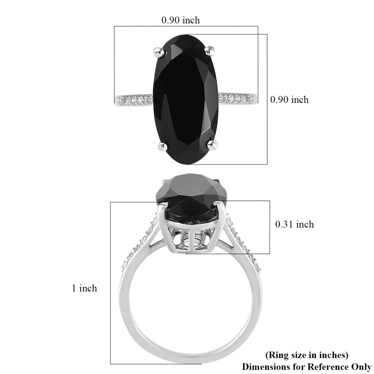 Natural Thai Black Spinel and Natural White Zircon Elongated Ring in Platinum Over Sterling Silver 12.00 ctw image number 5