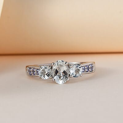Premium Brazilian Goshenite and Tanzanite Ring in Platinum Over Sterling Silver (Size 10.0) 1.25 ctw
