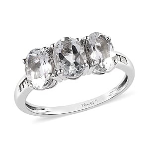 Premium Brazilian Goshenite and Diamond 3 Stone Ring in Platinum Over Sterling Silver (Size 7.0) 2.00 ctw