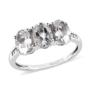 Premium Brazilian Goshenite and Diamond 3 Stone Ring in Platinum Over Sterling Silver (Size 8.0) 2.00 ctw