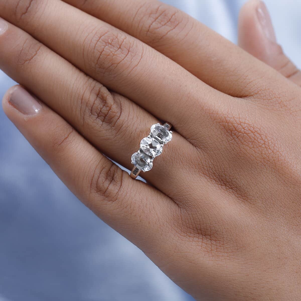 Premium Brazilian Goshenite and Diamond 3 Stone Ring in Platinum Over Sterling Silver (Size 8.0) 2.00 ctw image number 2