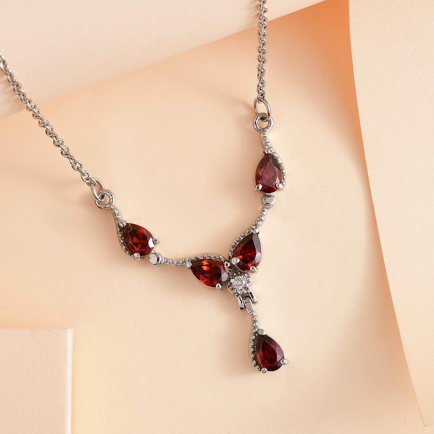 Mozambique Garnet, White Zircon Necklace (20 Inches) in Stainless Steel 2.60 ctw | Tarnish-Free, Waterproof, Sweat Proof Jewelry