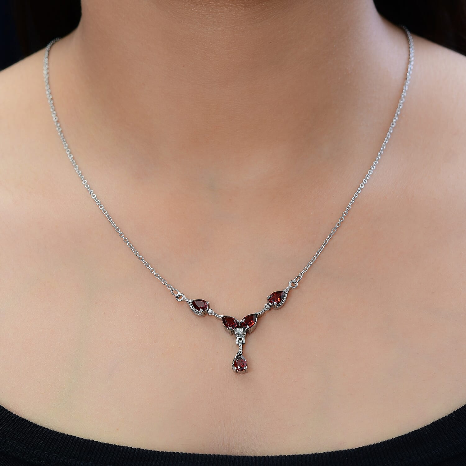 Mozambique Garnet, White Zircon Necklace (20 Inches) in Stainless Steel 2.60 ctw | Tarnish-Free, Waterproof, Sweat Proof Jewelry