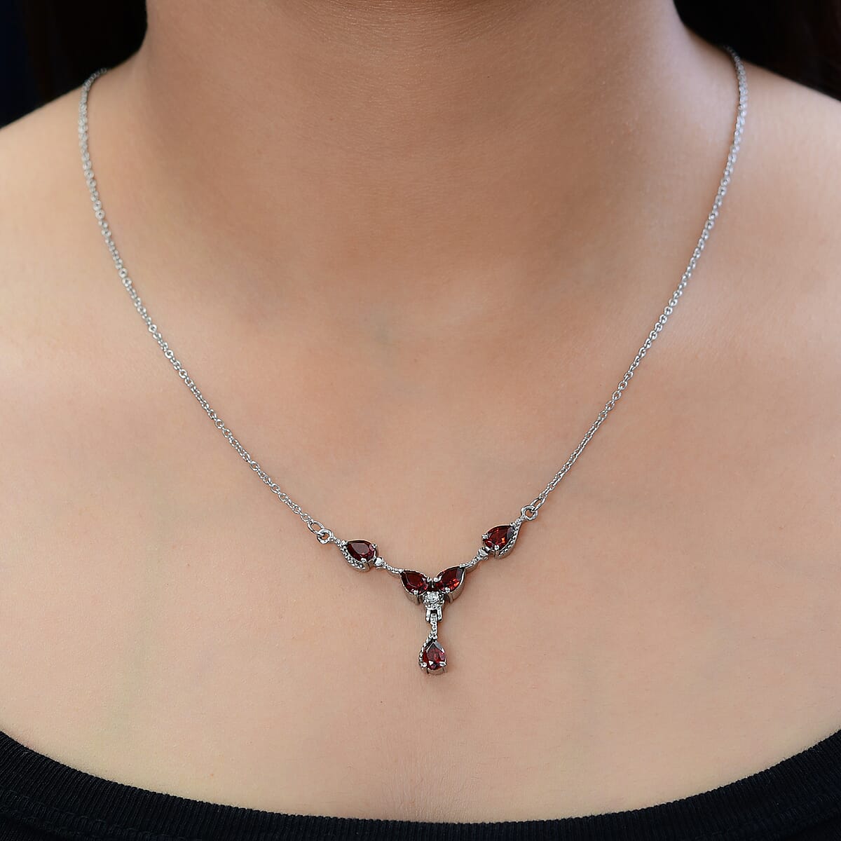 Mozambique Garnet, White Zircon Necklace (20 Inches) in Stainless Steel 2.60 ctw | Tarnish-Free, Waterproof, Sweat Proof Jewelry image number 2