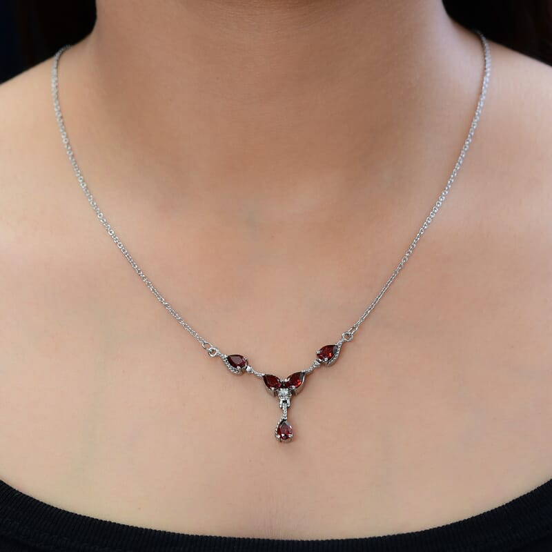 Mozambique Garnet, White Zircon Necklace (20 Inches) in Stainless Steel 2.60 ctw | Tarnish-Free, Waterproof, Sweat Proof Jewelry