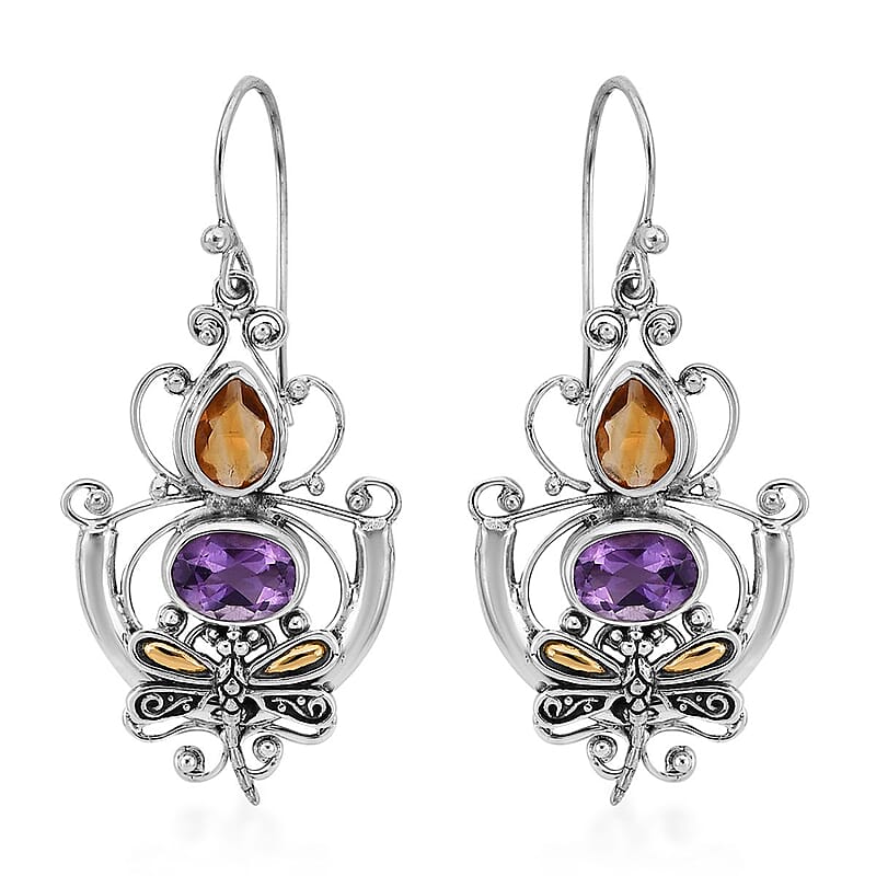 Bali Legacy Amethyst and Brazilian Citrine Dragonfly Earrings in Sterling Silver 0.65 ctw
