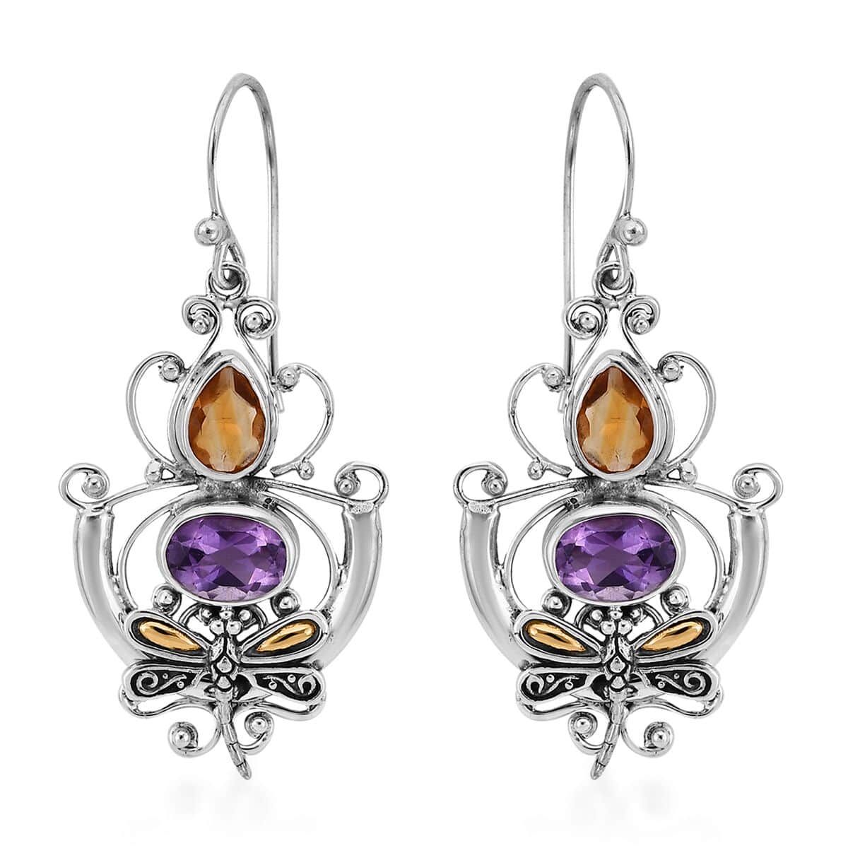 Mother’s Day Gift Bali Legacy Amethyst and Brazilian Citrine Dragonfly Earrings in Sterling Silver 0.65 ctw image number 0
