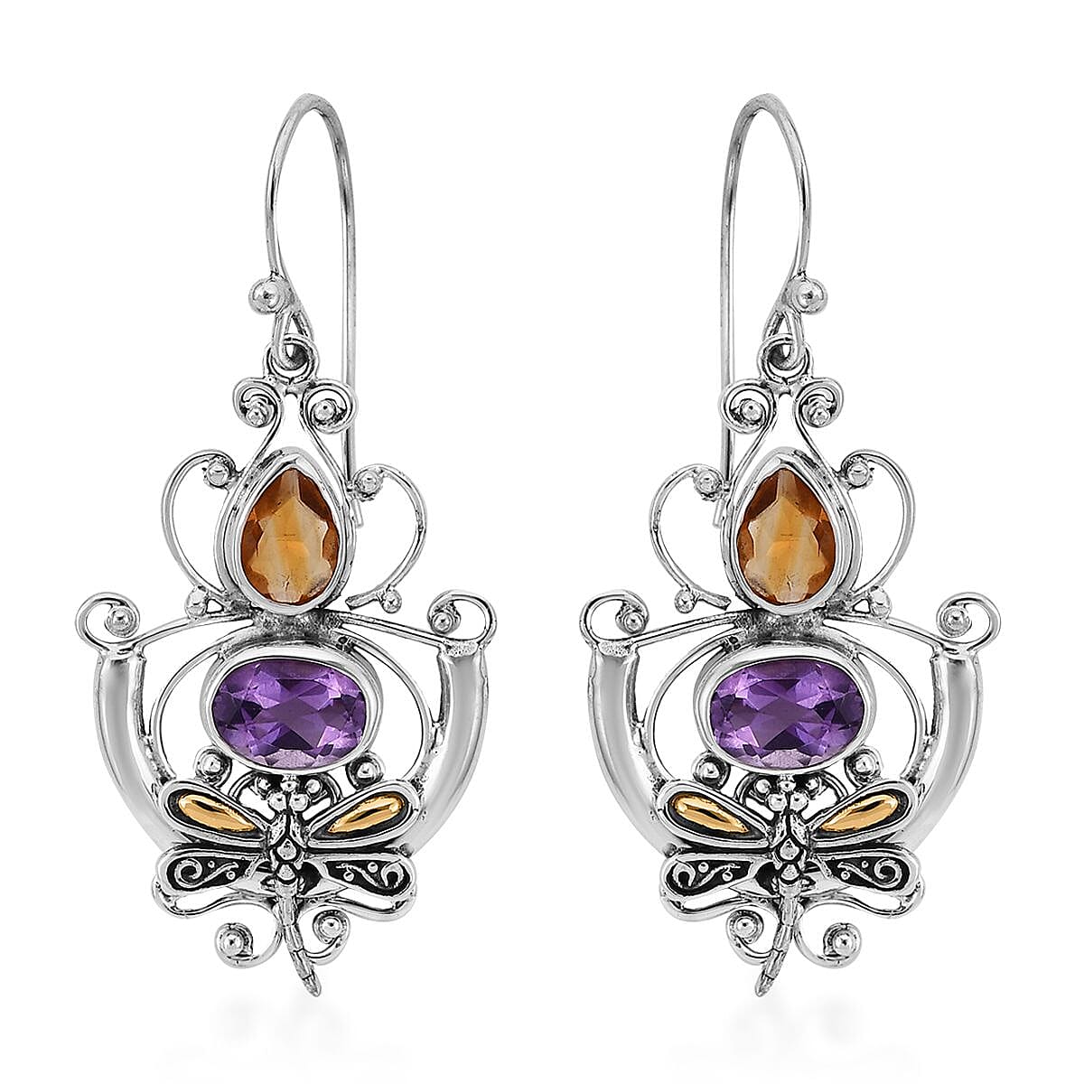 Mother’s Day Gift Bali Legacy Amethyst and Brazilian Citrine Dragonfly Earrings in Sterling Silver 0.65 ctw image number 0