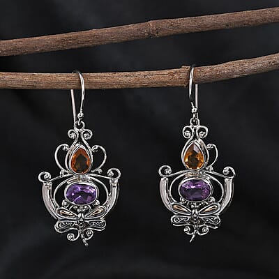 Bali Legacy Amethyst and Brazilian Citrine Dragonfly Earrings in Sterling Silver 0.65 ctw