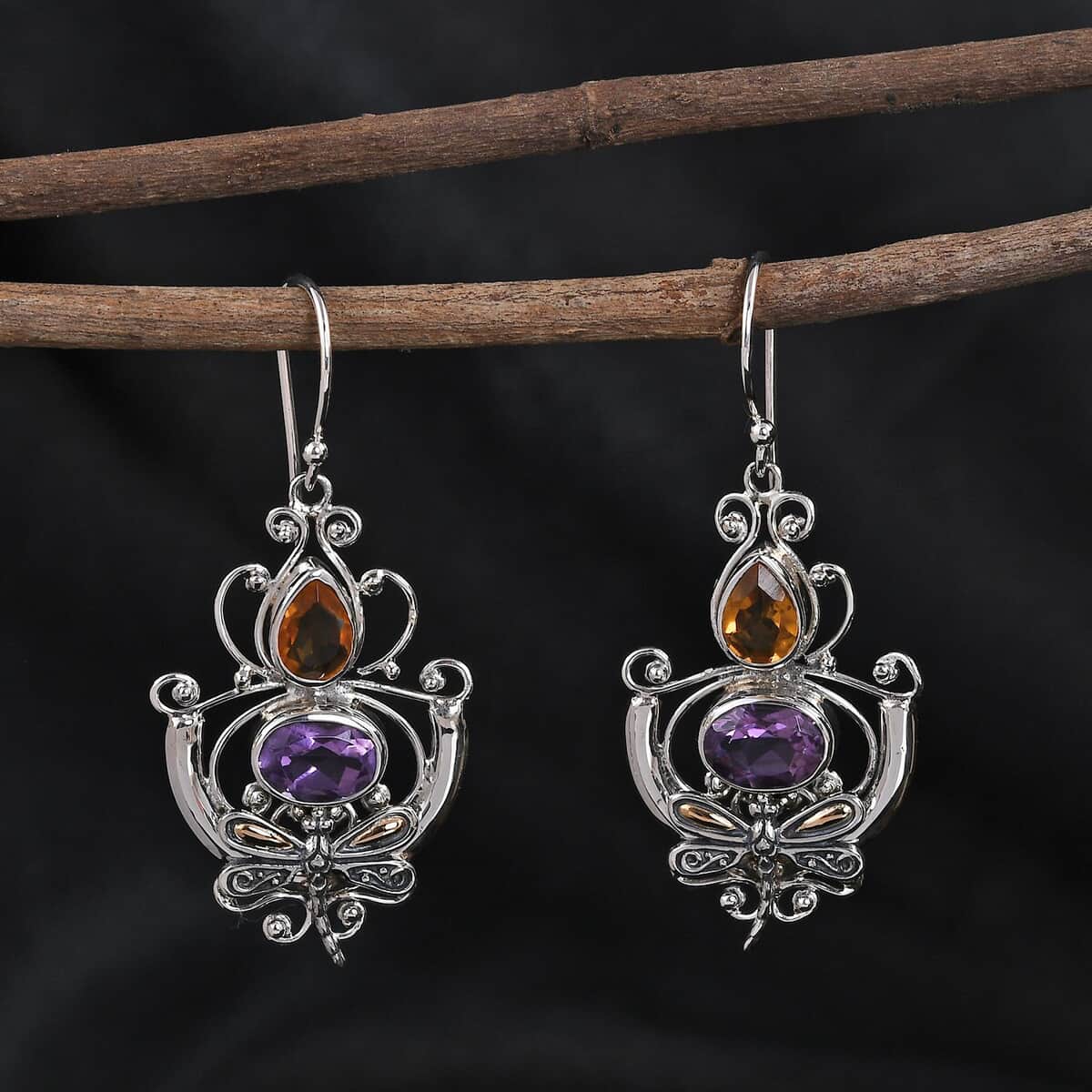 Mother’s Day Gift Bali Legacy Amethyst and Brazilian Citrine Dragonfly Earrings in Sterling Silver 0.65 ctw image number 1