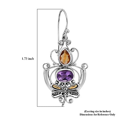 Bali Legacy Amethyst and Brazilian Citrine Dragonfly Earrings in Sterling Silver 0.65 ctw
