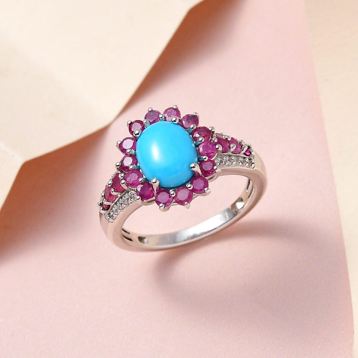 Sleeping Beauty Turquoise and Multi Gemstone Sunburst Ring in Platinum Over Sterling Silver (Size 7.0) 3.15 ctw image number 1
