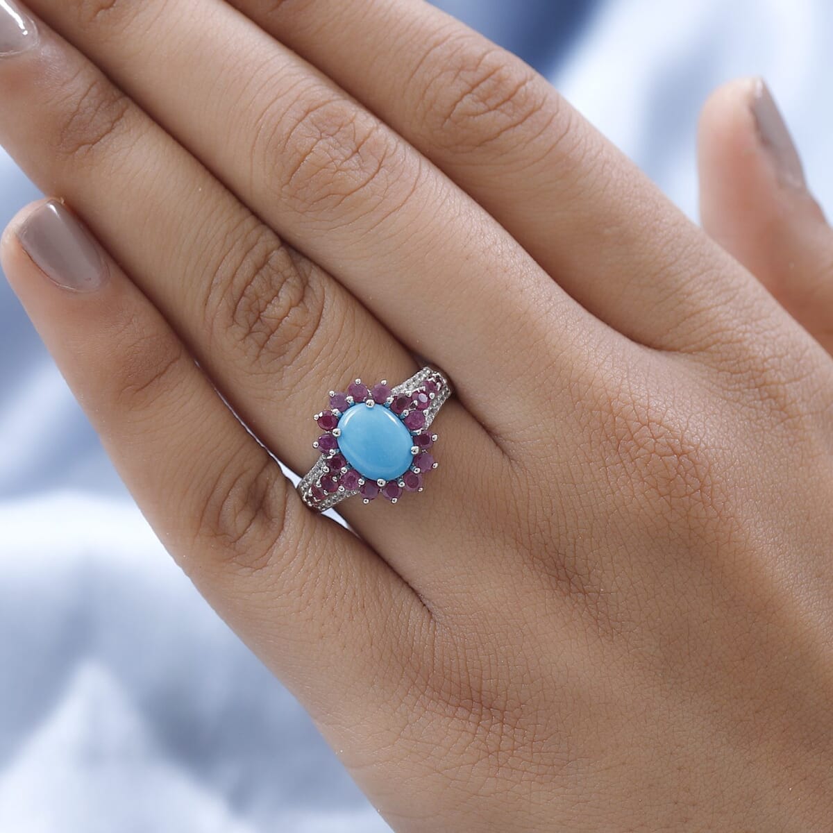 Sleeping Beauty Turquoise and Multi Gemstone Sunburst Ring in Platinum Over Sterling Silver (Size 7.0) 3.15 ctw image number 2
