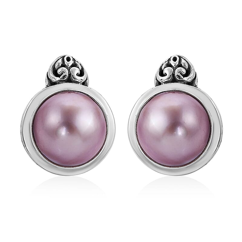 Pink Pearl Floral Framework Stud Earrings in Sterling Silver