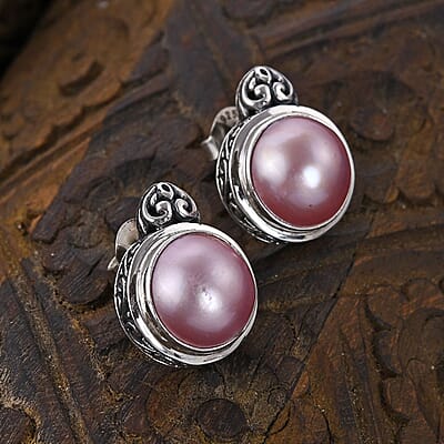 Pink Pearl Floral Framework Stud Earrings in Sterling Silver