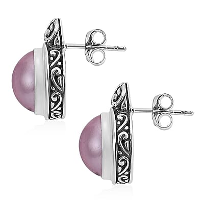 Pink Pearl Floral Framework Stud Earrings in Sterling Silver
