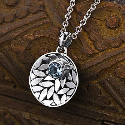 Bali Legacy Sky Blue Topaz Floral Framework Pendant in Sterling Silver 0.20 ctw