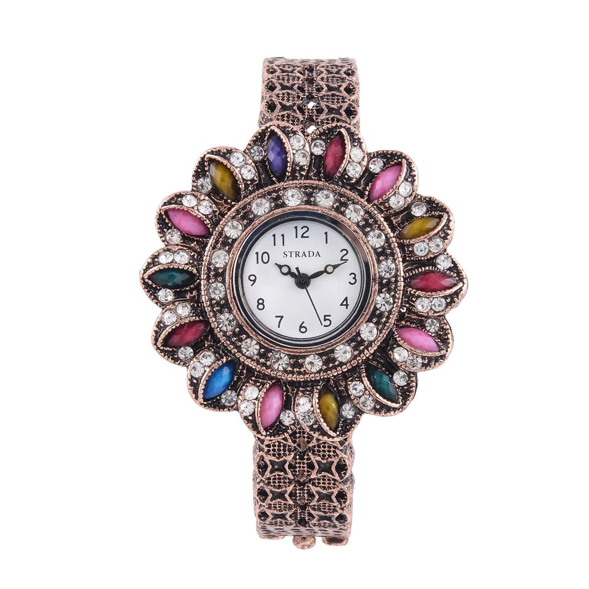 Strada White Austrian Crystal, Simulated Multi Color Resin Japanese Movement Sunflower Pattern Bangle Watch in Rosetone (7.00 Inches) image number 0
