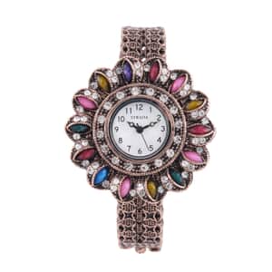 Strada White Austrian Crystal, Simulated Multi Color Resin Japanese Movement Sunflower Pattern Bangle Watch in Rosetone (7.00 Inches)