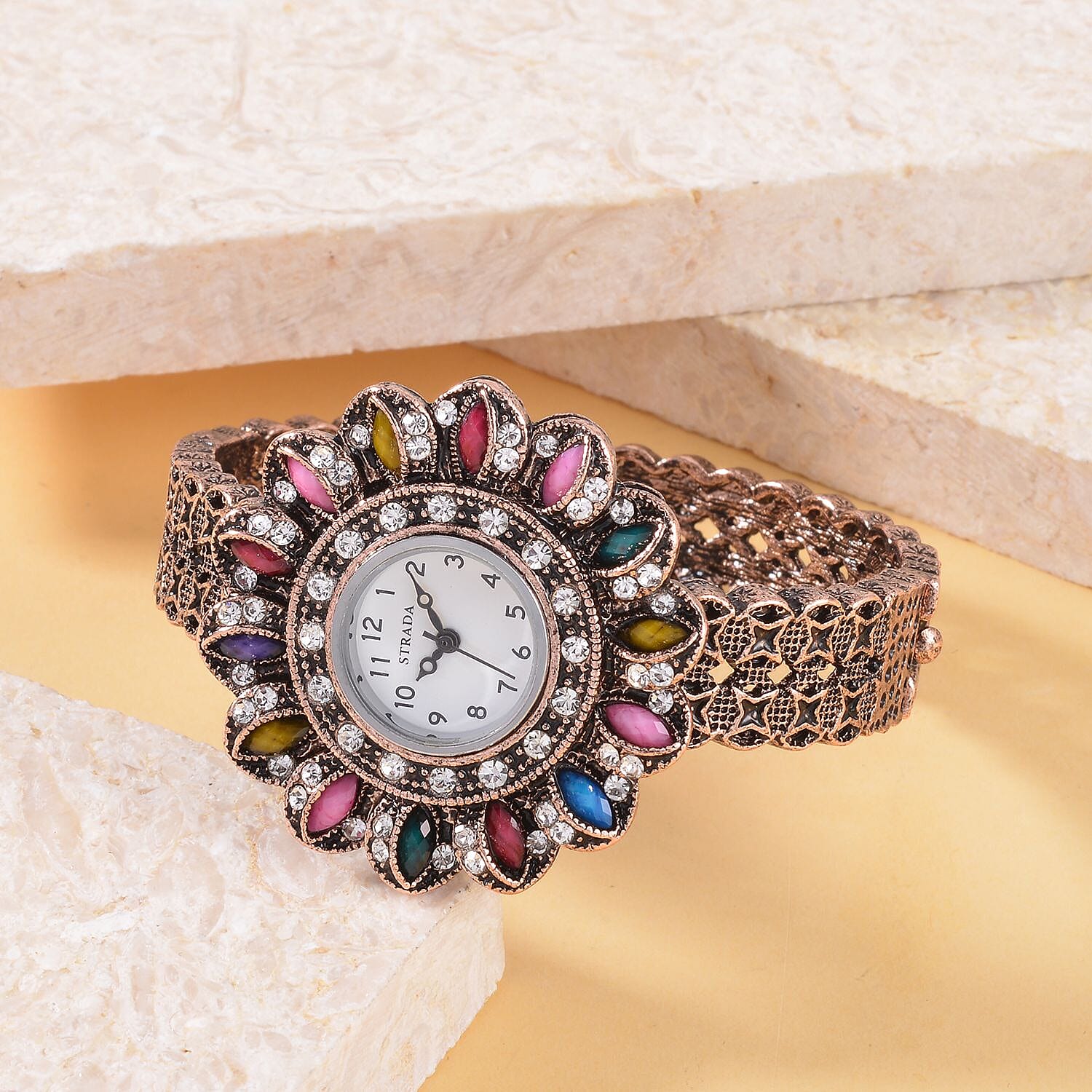 Strada White Austrian Crystal, Simulated Multi Color Resin Japanese Movement Sunflower Pattern Bangle Watch in Rosetone (7.00 Inches)