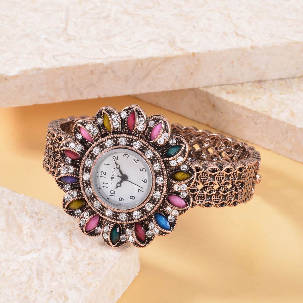 Strada White Austrian Crystal, Simulated Multi Color Resin Japanese Movement Sunflower Pattern Bangle Watch in Rosetone (7.00 Inches) image number 1