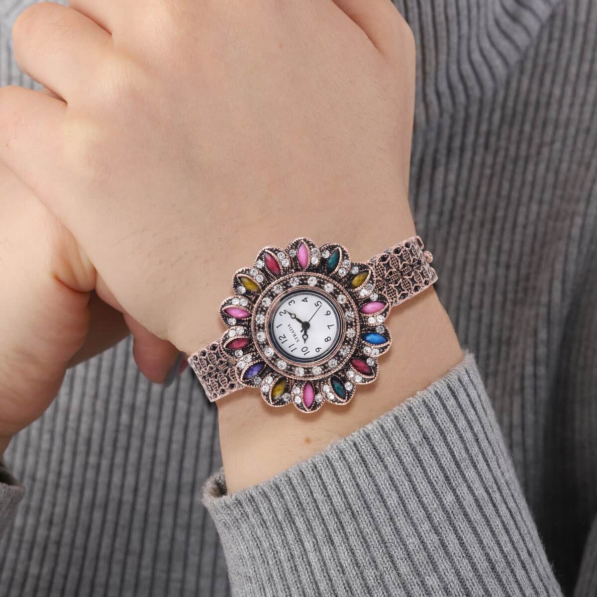 Strada White Austrian Crystal, Simulated Multi Color Resin Japanese Movement Sunflower Pattern Bangle Watch in Rosetone (7.00 Inches) image number 2